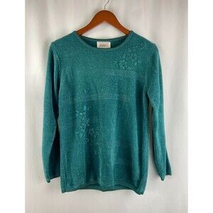 VTG Jenny Women's Medium Teal Embroidered Beaded Knit Sweater Floral Knit Warm